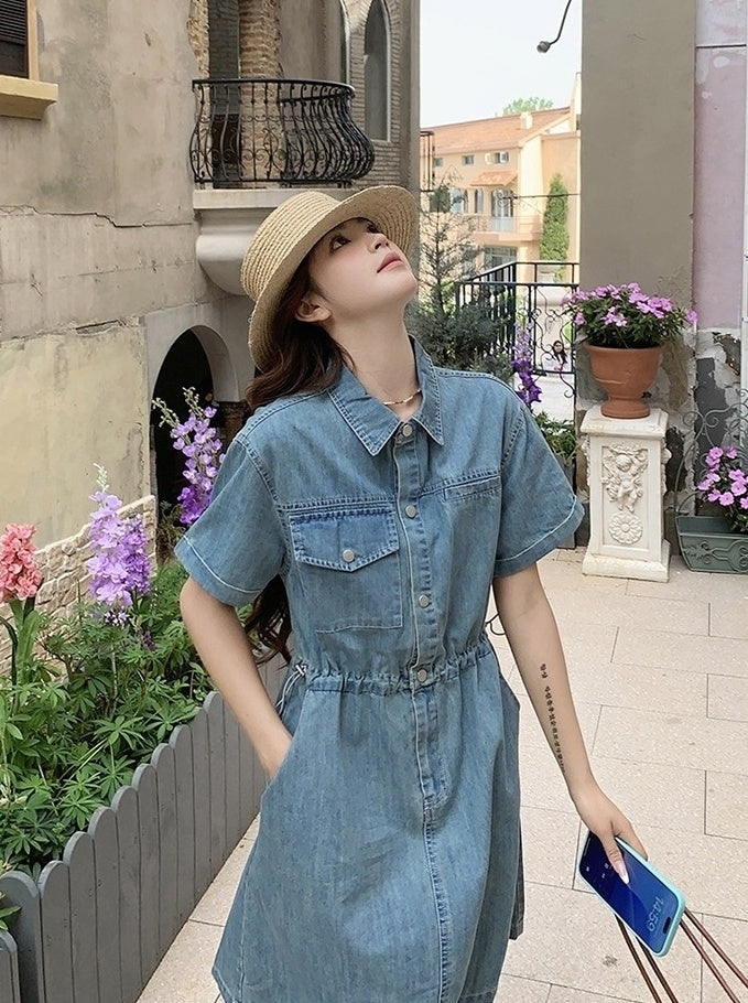 Vintage Denim Shirt Dress Casual Summer Style