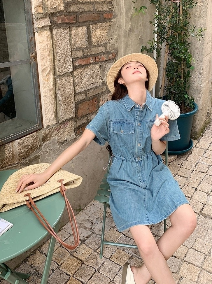 Vintage Denim Shirt Dress Casual Summer Style