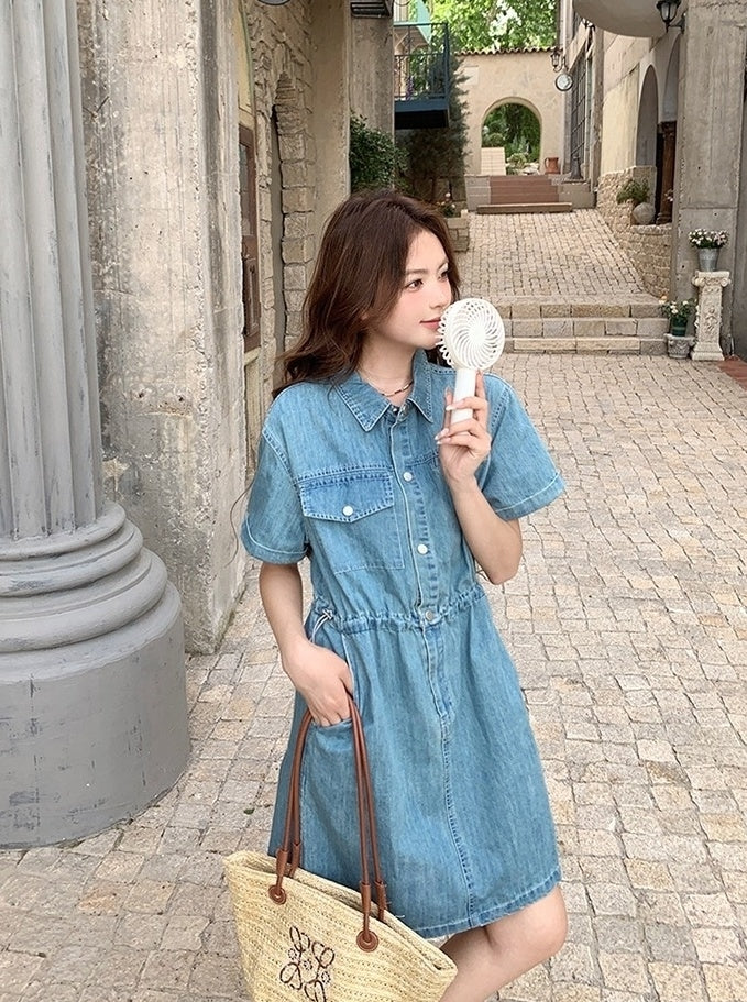 Vintage Denim Shirt Dress Casual Summer Style