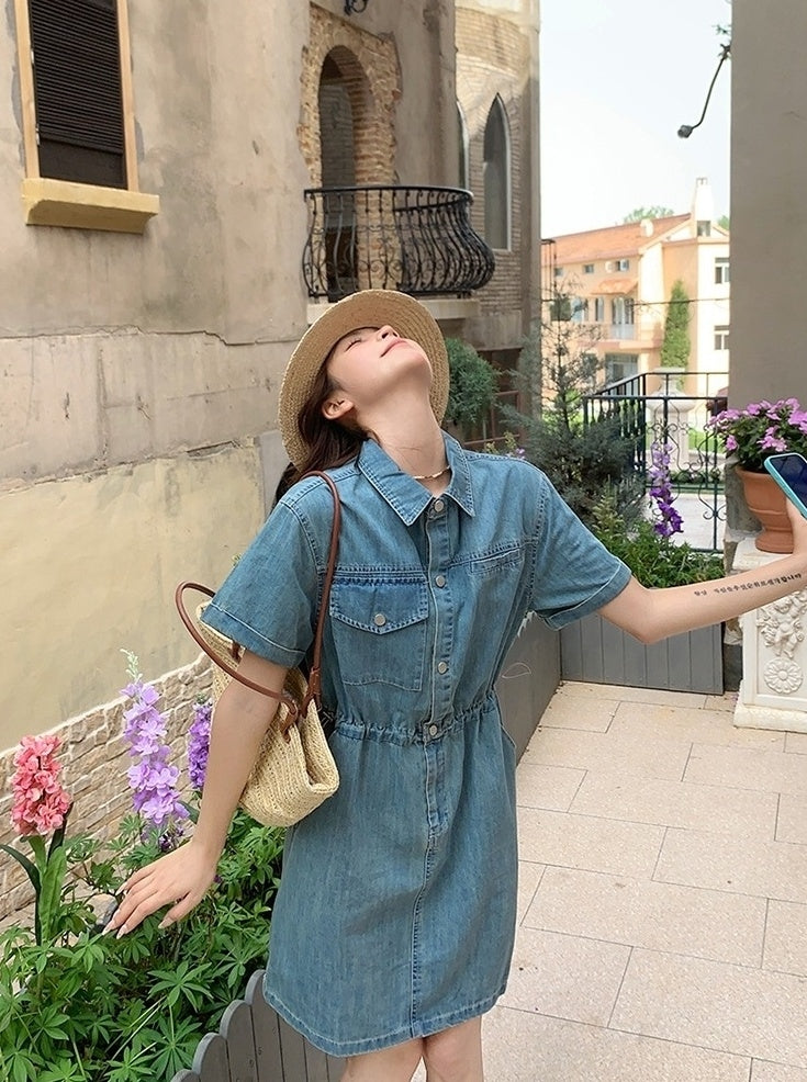 Vintage Denim Shirt Dress Casual Summer Style