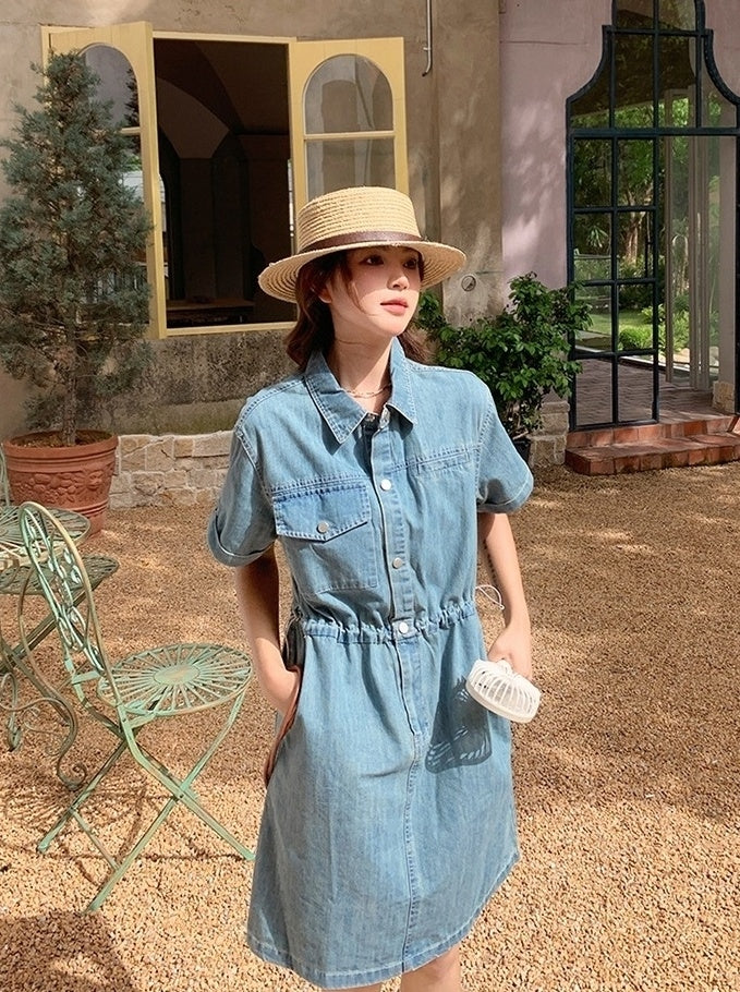 Vintage Denim Shirt Dress Casual Summer Style