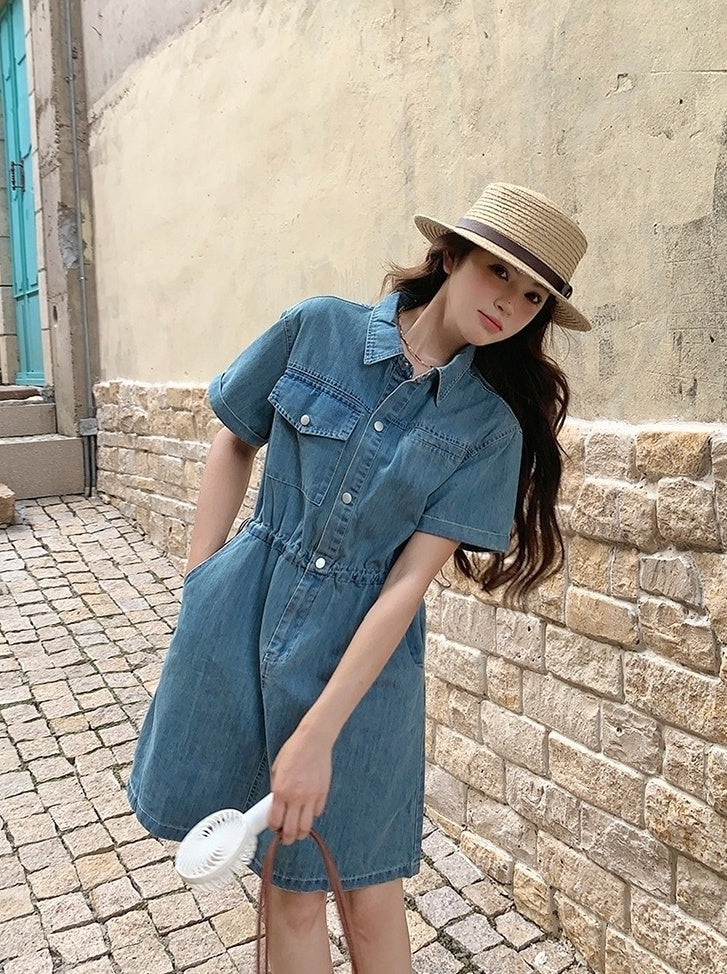 Vintage Denim Shirt Dress Casual Summer Style