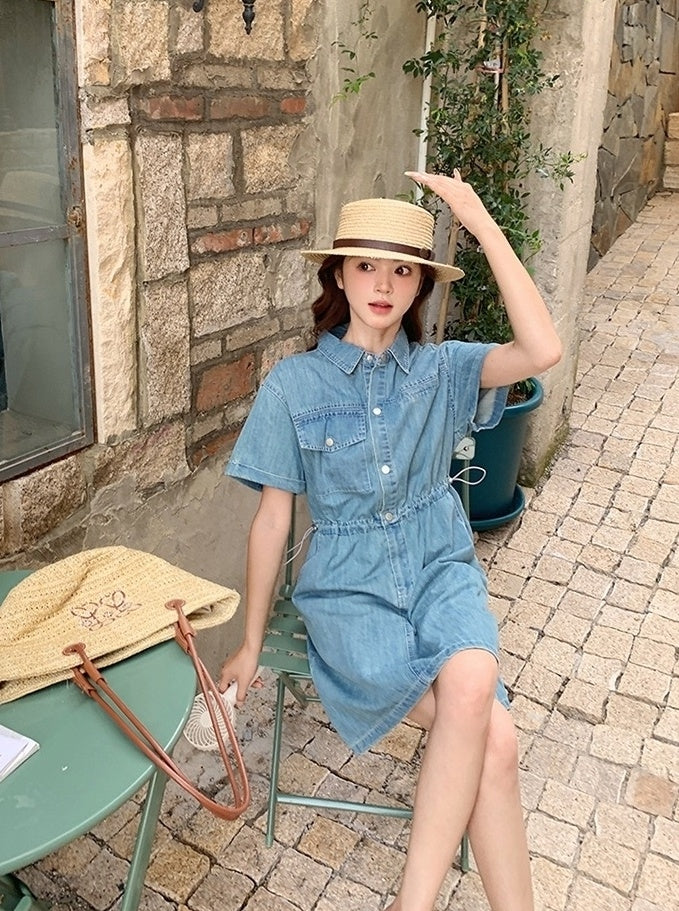 Vintage Denim Shirt Dress Casual Summer Style