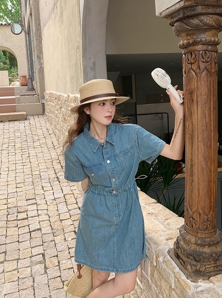 Vintage Denim Shirt Dress Casual Summer Style
