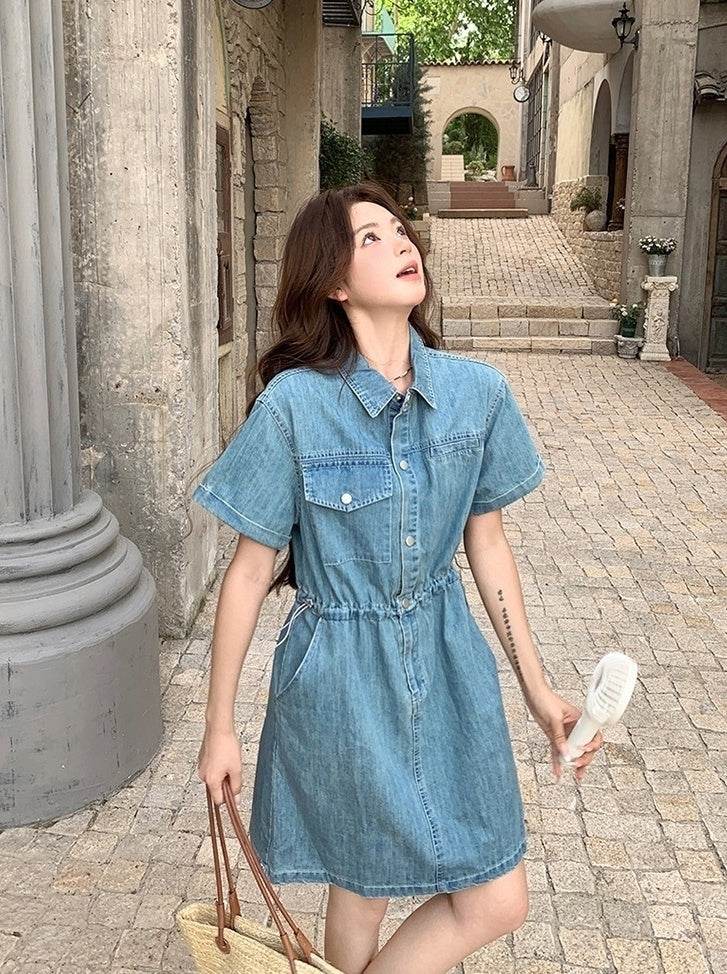 Vintage Denim Shirt Dress Casual Summer Style