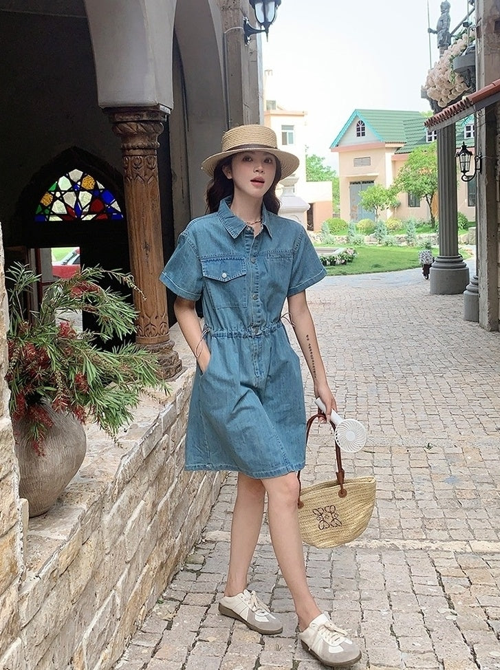 Vintage Denim Shirt Dress Casual Summer Style