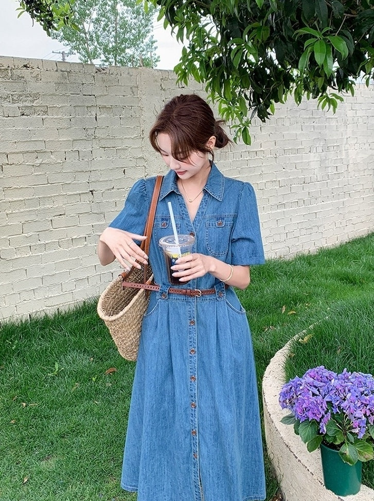 Vintage Denim Shirt Dress Elegant Waist Slim Summer