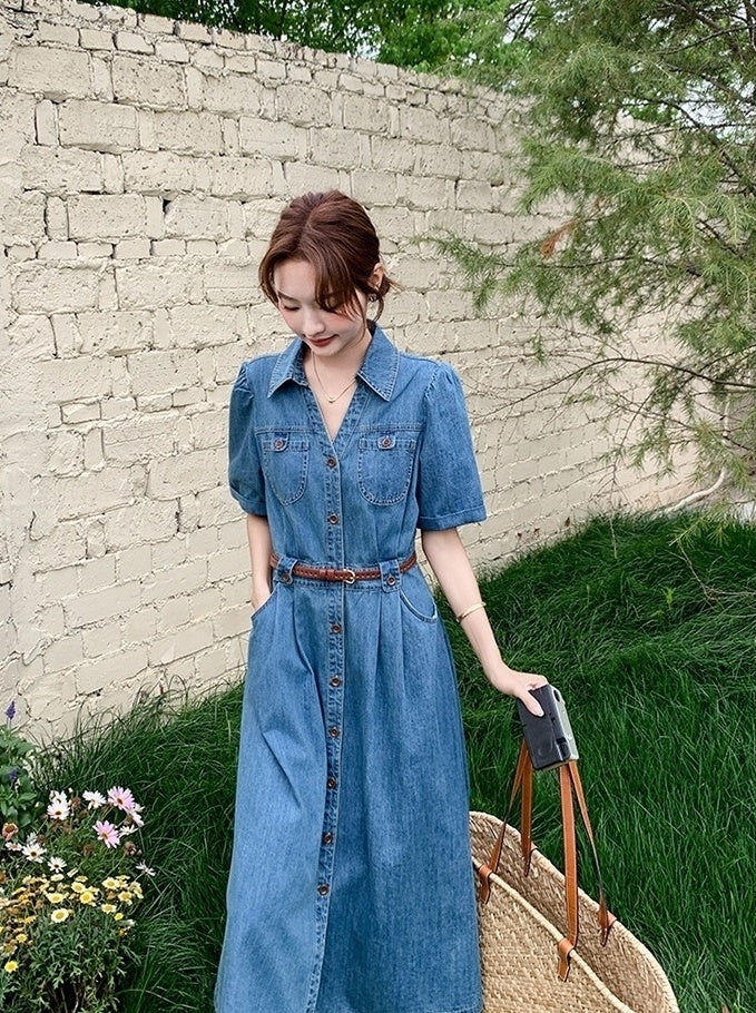 Vintage Denim Shirt Dress Elegant Waist Slim Summer