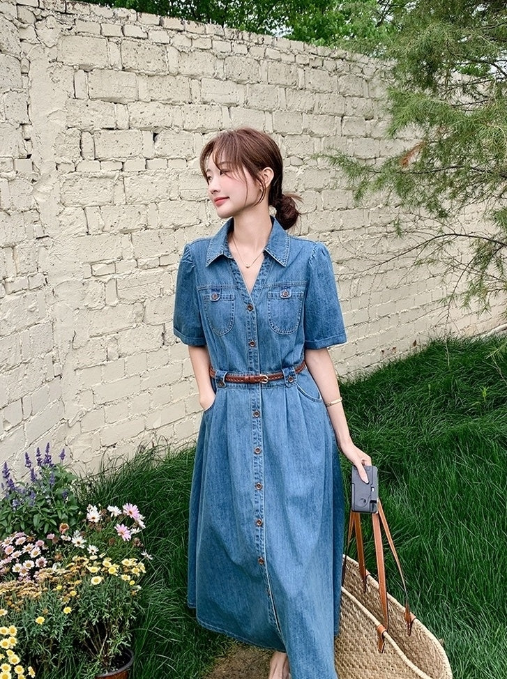Vintage Denim Shirt Dress Elegant Waist Slim Summer