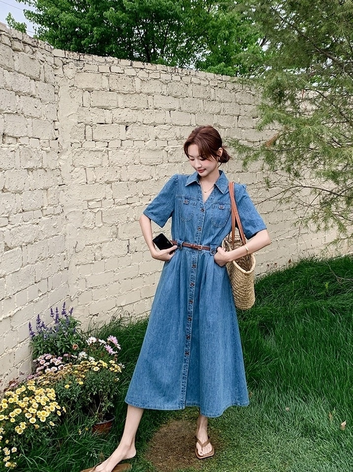 Vintage Denim Shirt Dress Elegant Waist Slim Summer