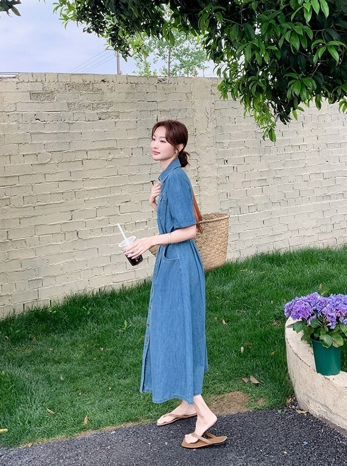 Vintage Denim Shirt Dress Elegant Waist Slim Summer
