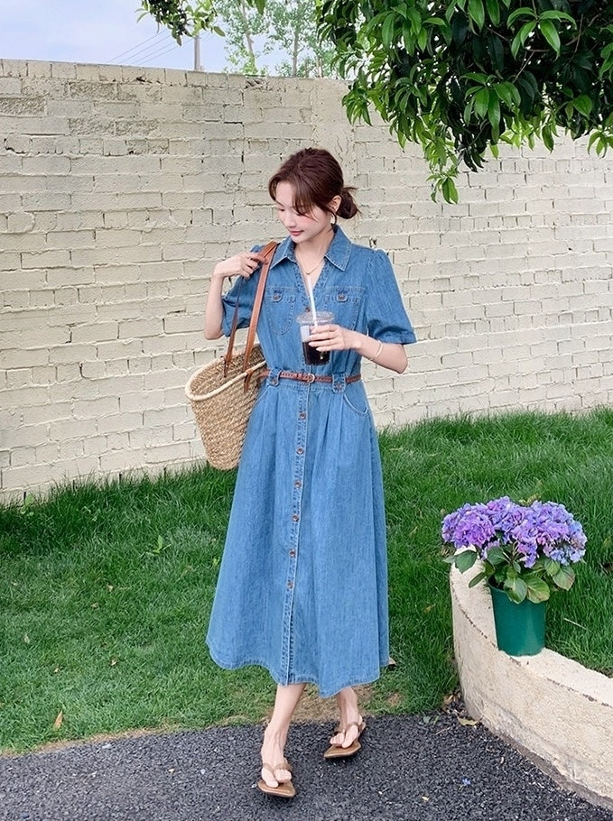 Vintage Denim Shirt Dress Elegant Waist Slim Summer