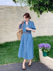 Vintage Denim Shirt Dress Elegant Waist Slim Summer