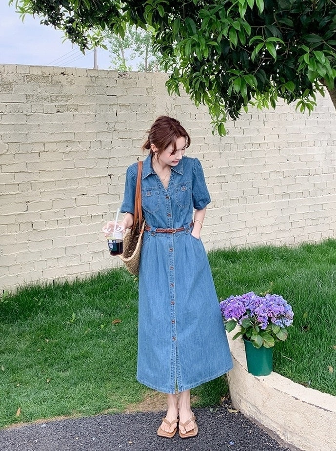 Vintage Denim Shirt Dress Elegant Waist Slim Summer
