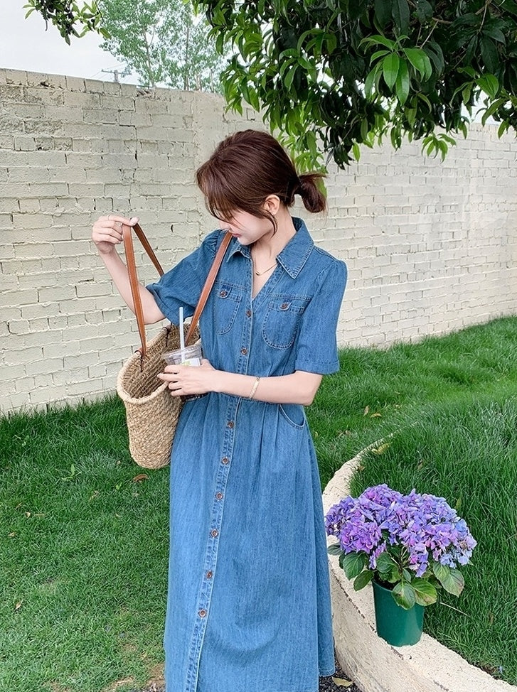 Vintage Denim Shirt Dress Elegant Waist Slim Summer