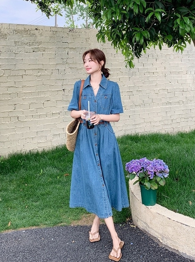 Vintage Denim Shirt Dress Elegant Waist Slim Summer