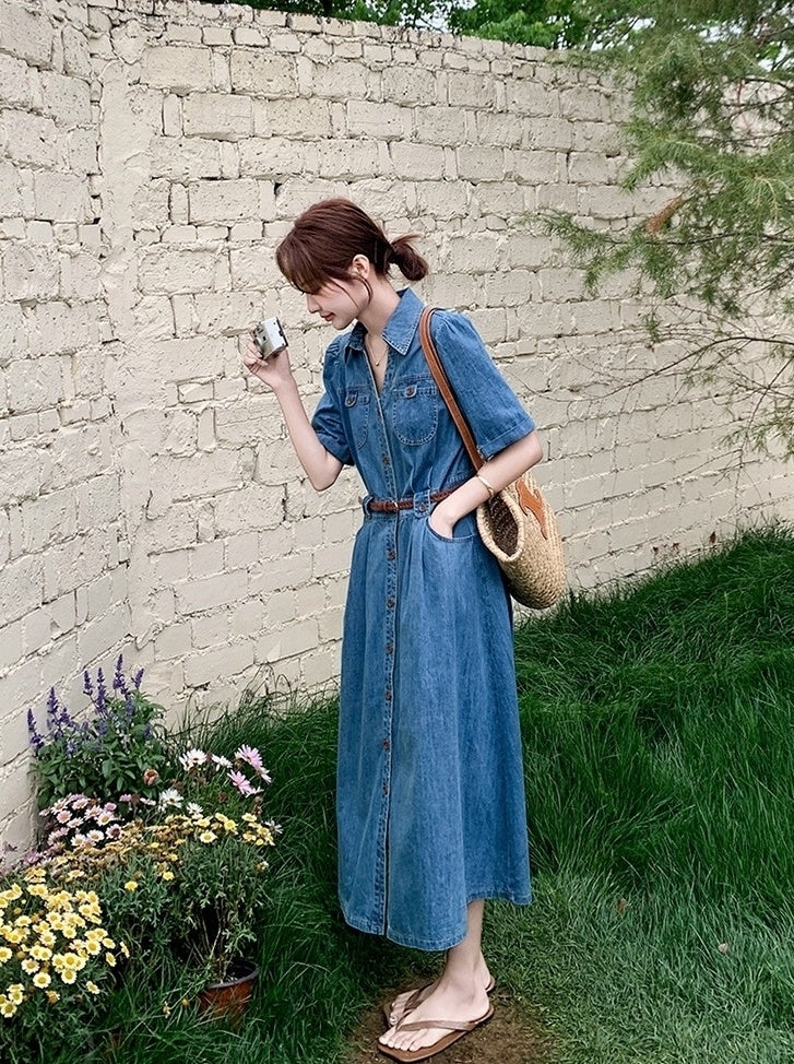 Vintage Denim Shirt Dress Elegant Waist Slim Summer