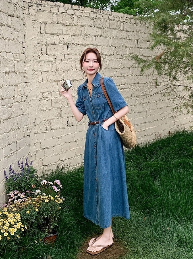 Vintage Denim Shirt Dress Elegant Waist Slim Summer