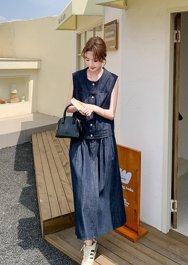 Vintage Denim Vest And Skirt Set
