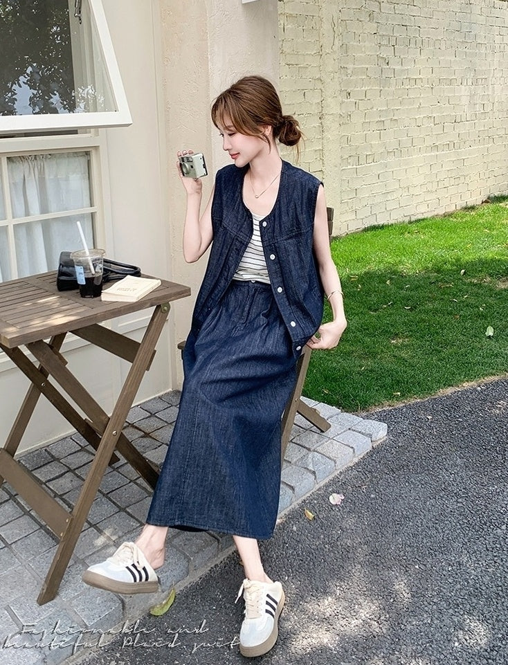 Vintage Denim Vest And Skirt Set