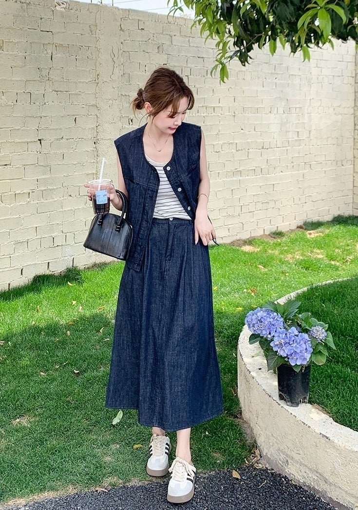 Vintage Denim Vest And Skirt Set