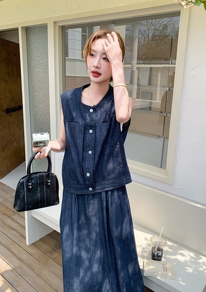 Vintage Denim Vest And Skirt Set