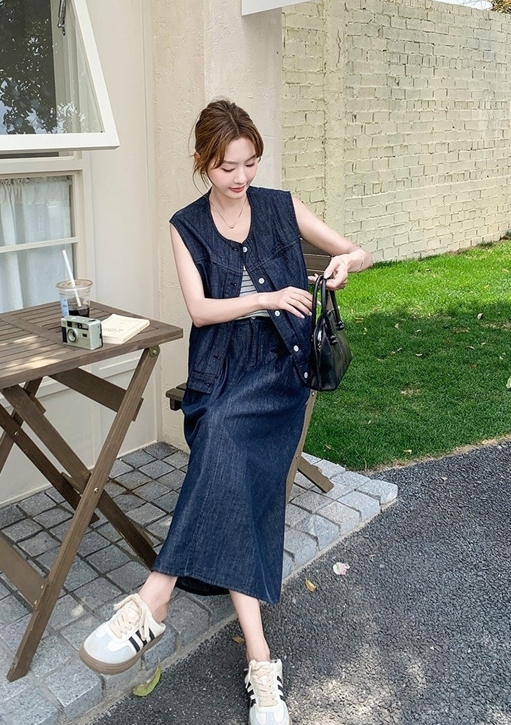 Vintage Denim Vest And Skirt Set