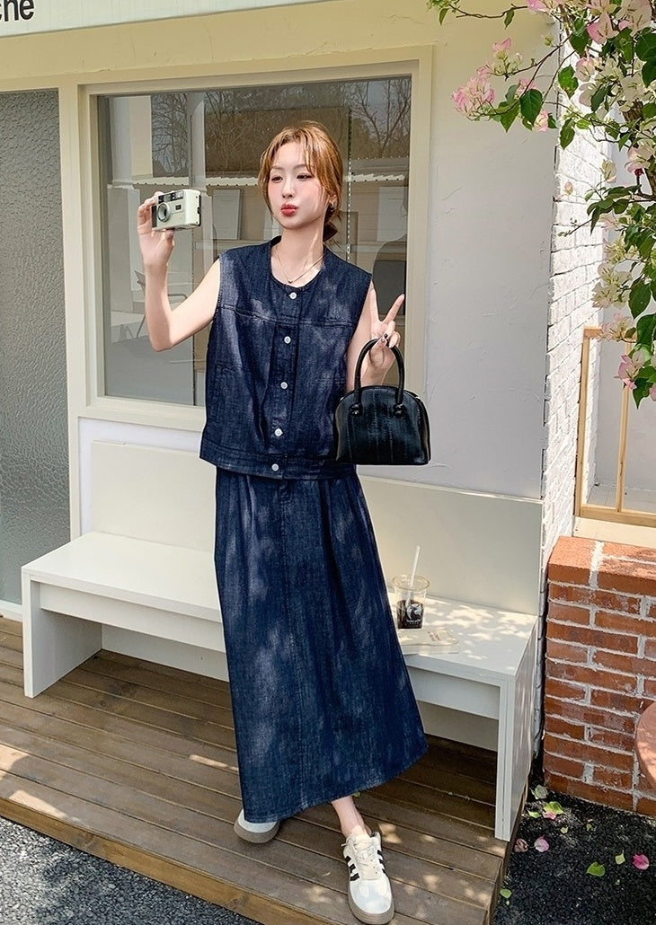 Vintage Denim Vest And Skirt Set