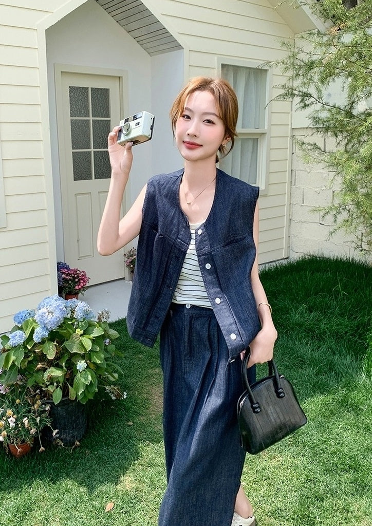 Vintage Denim Vest And Skirt Set