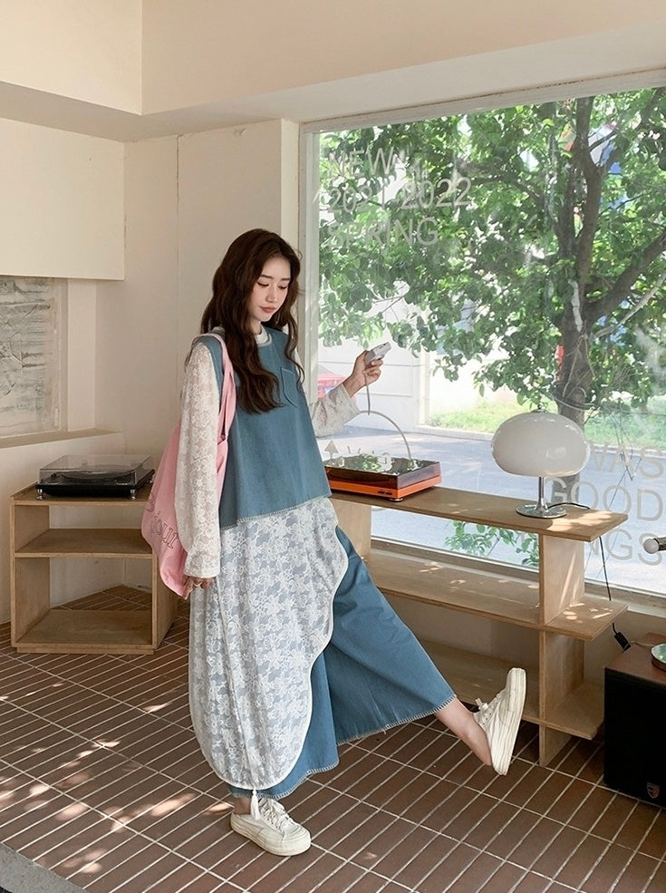 Vintage Denim Vest And Wide Leg Pants Set