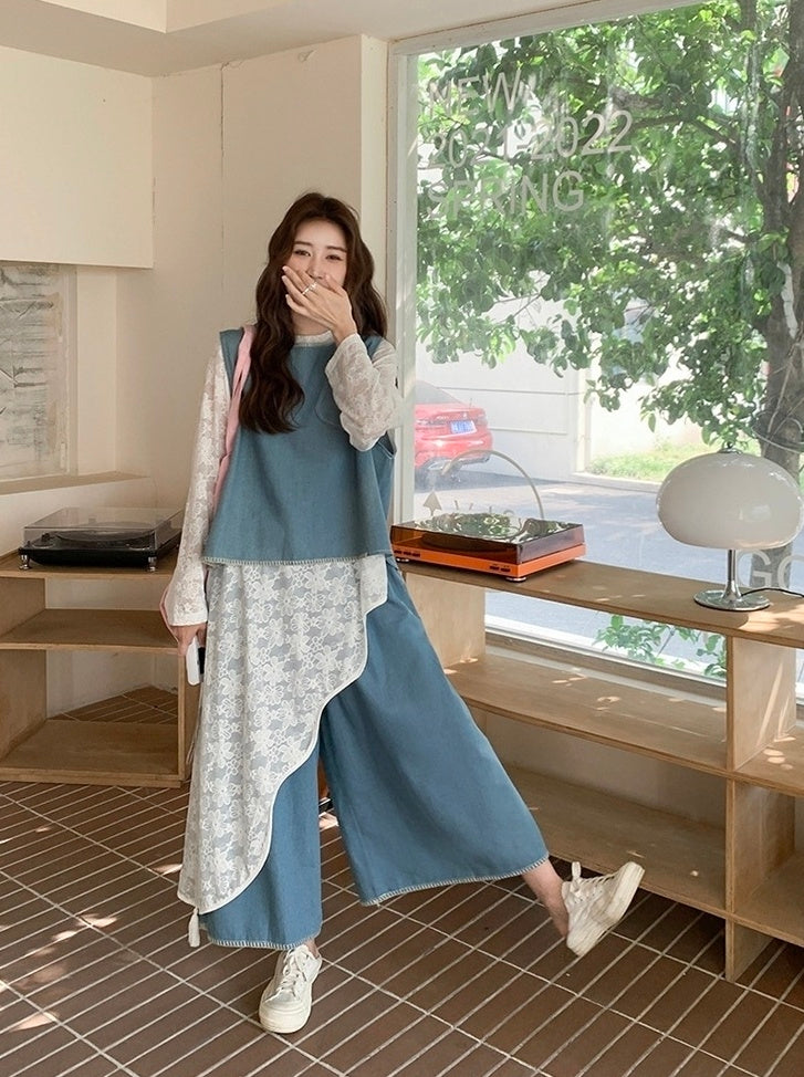 Vintage Denim Vest And Wide Leg Pants Set