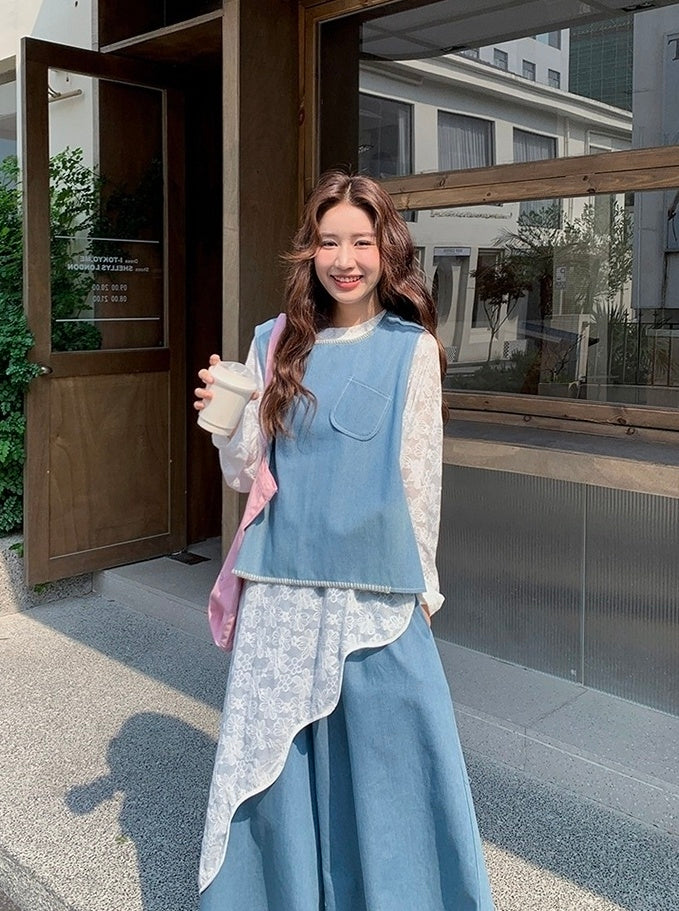 Vintage Denim Vest And Wide Leg Pants Set