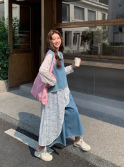Vintage Denim Vest And Wide Leg Pants Set