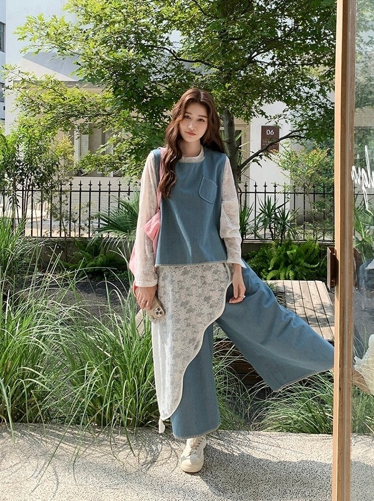 Vintage Denim Vest And Wide Leg Pants Set