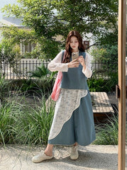 Vintage Denim Vest And Wide Leg Pants Set