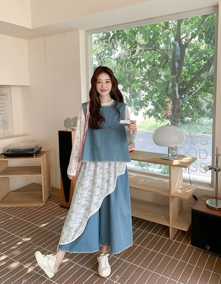 Vintage Denim Vest And Wide Leg Pants Set