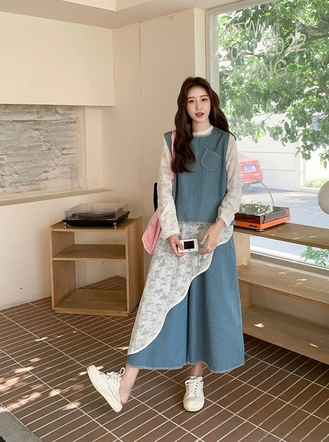 Vintage Denim Vest And Wide Leg Pants Set