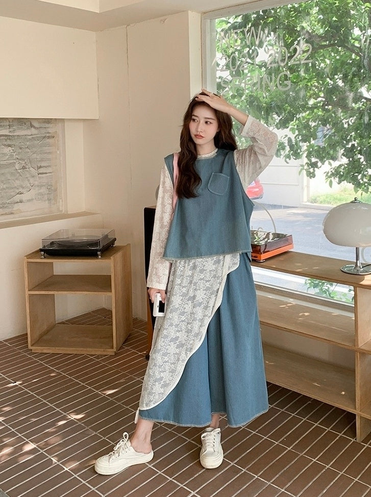Vintage Denim Vest And Wide Leg Pants Set
