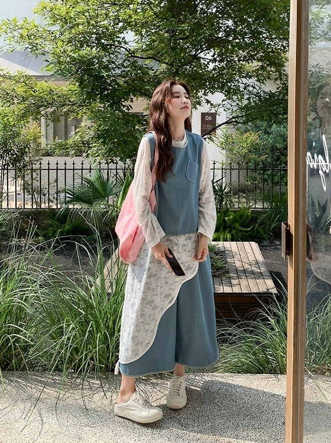 Vintage Denim Vest And Wide Leg Pants Set