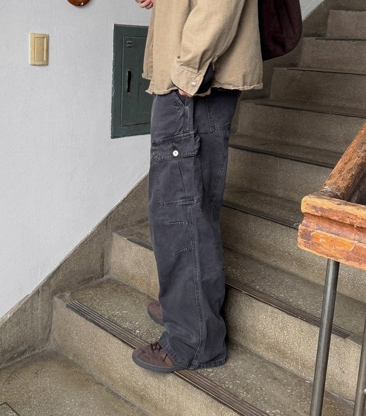 Vintage Distressed Utility Straight Wide Leg Jeans