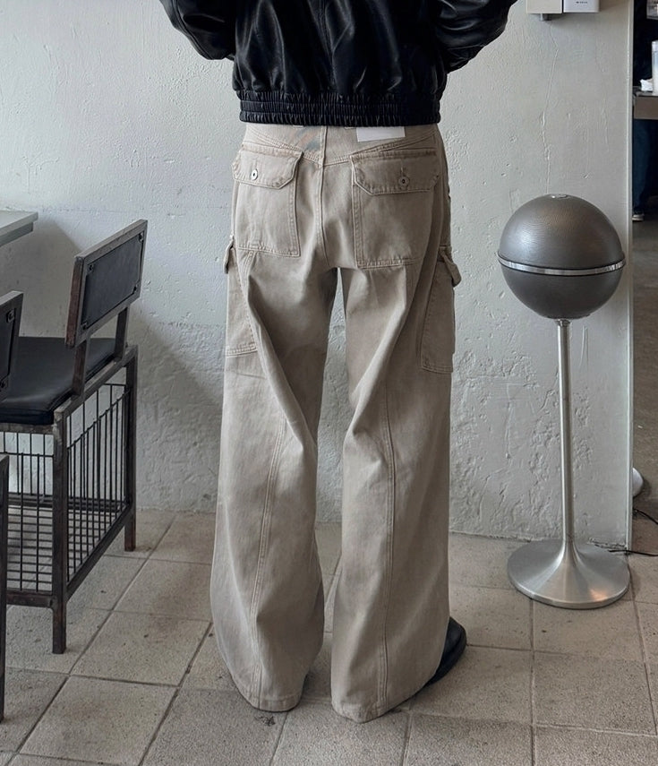 Vintage Distressed Utility Straight Wide Leg Jeans