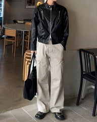 Vintage Distressed Utility Straight Wide Leg Jeans