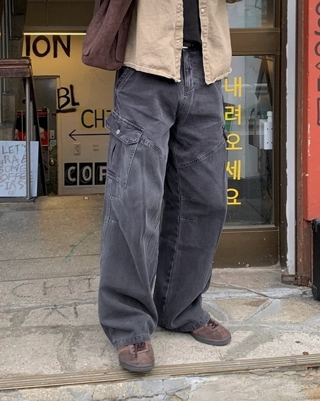 Vintage Distressed Utility Straight Wide Leg Jeans