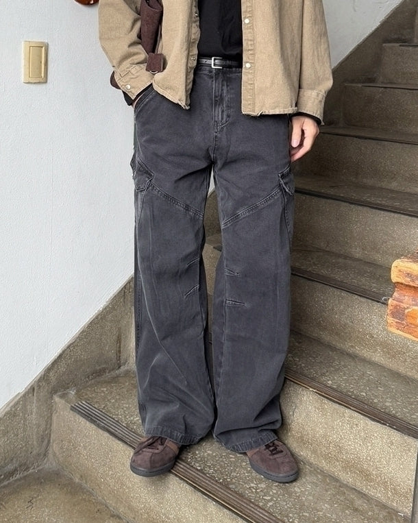 Vintage Distressed Utility Straight Wide Leg Jeans