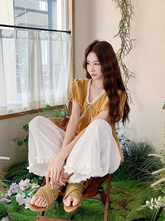 Vintage Embroidered Lace Trim Shirt And Shorts Set