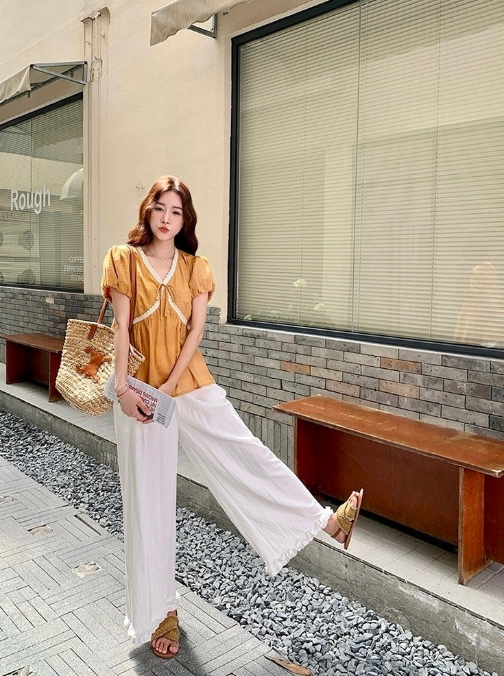 Vintage Embroidered Lace Trim Shirt And Shorts Set