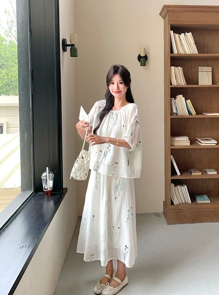 Vintage Embroidered Shirt And Skirt Set