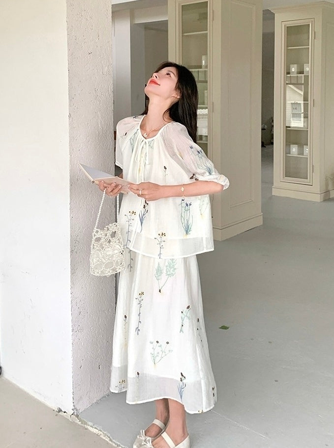 Vintage Embroidered Shirt And Skirt Set