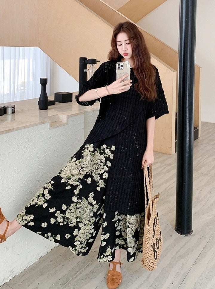Vintage Floral Cardigan And Wide Leg Pants Set