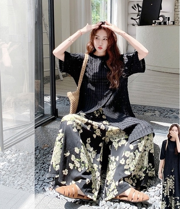 Vintage Floral Cardigan And Wide Leg Pants Set